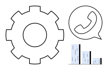Ayarlar için vites sembolü, iletişim için telefon konuşma balonu, analitik için bar tablosu. İş için ideal, takım çalışması, iletişim, hizmet, iş akışı, analitik basit düz metafor