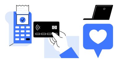 Faturalı ödeme terminali, kredi kartı, dizüstü bilgisayar, kalp ikonu. Finans, e-ticaret, teknoloji, dijital ödeme, teknolojik modern işlemlere duyulan sevgi, basit düz metafor.