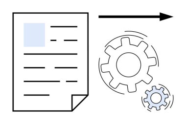 Kağıt belge ve sürekli işlem otomasyonunu sembolize eden bir okla birbirine bağlı iki vites mekanizması. İş akışı, verimlilik, optimizasyon, ofis çözümleri, yenilik, verimlilik için ideal
