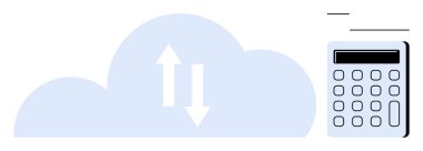 Hesap makinesinin yanında veri transferini temsil eden yukarı ve aşağı okları olan bir bulut. Teknoloji, veri kaydetme, bağlantı, dijital depolama, bulut hesaplama, hesaplamalar, verimlilik kavramları için ideal