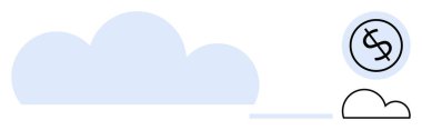 Büyük bulut şekli daha küçük bir bulut ve bir dolar işaretli para ikonu ile eşleştirilir. Finans, bulut hizmetleri, ekonomi, yatırım, tasarruf, ev sahipliği, teknoloji için ideal. Basit düz metafor