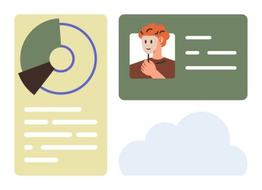 İçinde metin, profil kartı, fotoğraf ve detaylar olan turta tablosu ve bulut grafiği. Veri analizi, kimlik, ağ oluşturma, bulut hesaplama, iş dünyası, dijital yönetim için ideal basit düz metafor