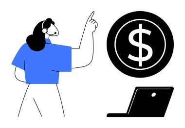 Kulaklık takmış bir kadın dizüstü bilgisayarın yanında büyük bir dolar işareti olduğunu belirtiyor. Finansal tartışmaları ve yardımları vurguluyor. Müşteri desteği, finans, iş, sanal danışmanlık, çevrimiçi öğrenim için ideal