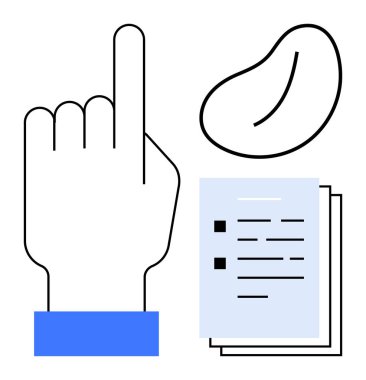 Yukarıya bakan eller, listeli kağıtlar, soyut organik şekiller. Eğitim, iletişim, öncelikler, karar verme, organizasyon takım çalışması için ideal. Basit düz metafor