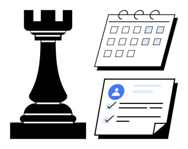 Takvim ve kontrol listesinin yanında siyah satranç kalesi strateji, zamanlama ve hedef takibi vurguluyor. İş stratejisi, planlama, zaman yönetimi, üretkenlik, sorun çözme için ideal