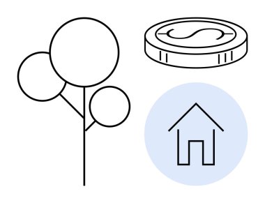Ağaç çizgisi sanatı, yumuşak mavi daireli ev taslağı ve doğa, ev sahipliği ve finansal gelişimi tasvir eden madeni para. Sürdürülebilirlik, emlak, tasarruf ve çevre yatırımları için ideal