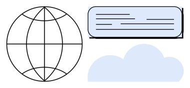Bağlanabilirliği temsil eden küresel tasarım, depolama için bulut şekli ve iletişim için metin paneli. Veri paylaşımı, bulut ağı, küresel erişim, iletişim, yazılım, web sade düz