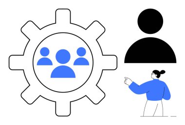 İçinde grup simgeleri olan ekipmanlar, bireysel kullanıcı simgesi ve takım çalışmasını ve organizasyonu vurgulayan kişi. İşbirliği, yönetim, liderlik, insan kaynakları, süreç, takım çalışması için ideal