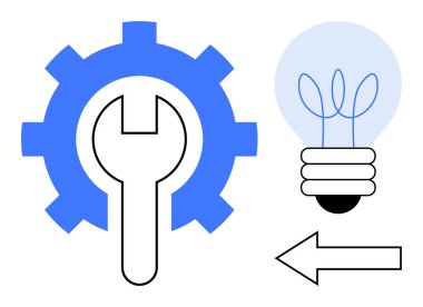 Anahtar ve teçhizat araçları ve mekaniği sembolize eder, ampul fikirleri önerir, ok ilerlemeyi gösterir. Yenilik, teknoloji, yaratıcılık, problem çözme, süreç iyileştirme için ideal