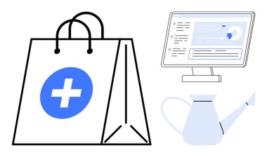 Tıbbi haçlı alışveriş torbası, analitik gösteren bilgisayar ekranı ve büyüme için sulama kutusu. E-ticaret, dijital sağlık, büyüme stratejisi, yenilik, sağlık, üretkenlik için ideal