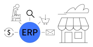 Fabrika, finans, alışveriş, iletişim ve perakende mağazası için ikonlara sahip ERP sistem merkezi. Yönetim, işlemler, lojistik ticareti, iş planlama otomasyon teknolojisi için ideal. Basit.