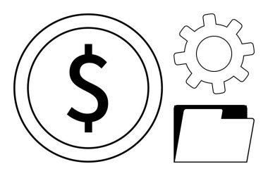 Çember halinde dolar işareti, dişli ve klasör ana hatları. Finans, iş akışı, organizasyon, üretkenlik, kaynak yönetimi veri depolama ve strateji için idealdir. Basit düz metafor