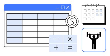 Dolar işareti olan hesap çizelgesi, hesaplamalar için hesap makinesi, zaman çizelgesi için takvim ve fitness hedefi temsili için halter simgesi. Finans, zamanlama, uygunluk, planlama, amaç için ideal