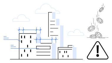 İnşaat altı binalar iskele ve çöken paralarla çevrili. Mali riski işaret eden paralar, bir ünlem uyarı işaretinin yanında. Risk yönetimi, finans, inşaat ve bütçe için ideal