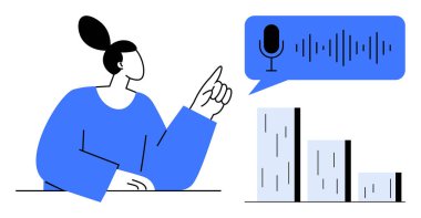 Bar çizelgelerinin yanında ses dalgası ekranına ve mikrofon sembolüne doğru hareket eden bir kadın. Ses teknolojisi, dijital iletişim, veri analizi, yapay zeka, kullanıcı arayüzü, yenilik ve iş için ideal. Basit.