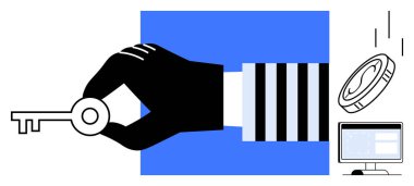 Bozuk paraların ve bilgisayar ekranının yanında el ele tutuşan anahtarlar erişimi, güvenliği ve dijital kontrolü simgeliyor. Siber güvenlik, gizlilik, finans teknolojisi, kilit açma potansiyeli ve yazılım erişimi için ideal