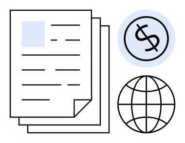 Dolar işareti ve dünya ikonlarının yanında iş belgeleri yığını. Finans, küresel ticaret, ekonomi, ticaret, iş planlaması, muhasebe ve zenginlik kavramları için idealdir. Basit düz metafor