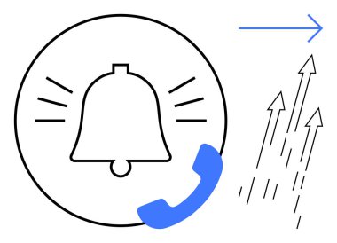 Çalan hatlar, telefon alıcısı ve yukarı doğru yükselen oklar ile alarm zilini çalın, iletişimi, bildirimleri, büyümeyi, başarıyı, bağlantıyı ve ilerlemeyi sembolize edin. İş için ideal