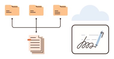 Bulut bağlantılı dosya klasörleri, bağlantılı belgeler ve elektronik imza süreci. Veri yönetimi, iş akışı, uzaktan işbirliği, dijital güvenlik, e-imzalar, dosya organizasyonu için ideal