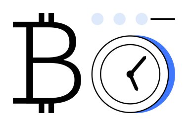 Temiz çizgileri ve minimalist bir tasarımı olan bir saatin yanında bitcoin sembolü. Kripto para birimi, engelleme zinciri, zaman yönetimi, yatırım, finans, teknoloji ve gelecek için ideal. Basit düz metafor