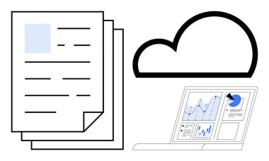 Dosyalar, bulut simgesi ve grafikleri gösteren bir dizüstü bilgisayar, çevrimiçi belge depolama, veri yönetimi, analiz ve güvenli paylaşımı temsil ediyor. Üretkenlik, teknoloji ve iş çözümleri için ideal