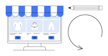 Giysileri, aksesuarları, alışveriş arabası ikonları, kalemleri ve dairesel okla donatılmış bilgisayar ekranı. Ekommerce, alışveriş, tasarım, markalaşma, yaratıcılık web işi için ideal