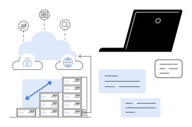 İnsanlarla bağlantı kuran bulut simgesi, bir ok ile bağlı sunucuların üzerinde arama ve güvenlik. Laptop ve metin blokları yakınlarda. Bulut depolama, büyük veri, güvenli erişim, ağ, analiz teknolojisi için ideal
