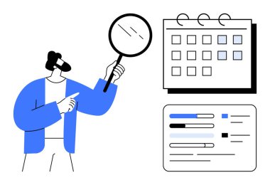 Bir takvim ve ilerleme raporunu incelemek için büyüteç kullanan bir adam. Proje planlama, analitik, verimlilik, zaman yönetimi, veri incelemesi ve rapor analizi için ideal. Basit düz