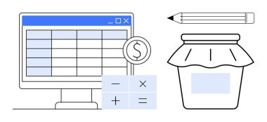 Bir dolar madeni para, hesap makinesi numaraları tasarrufu sembolize eden kavanoz ve bir kalem içeren masaüstü hesap tablosu. Finansal planlama, muhasebe, bütçe, tasarruf ve muhasebe stratejisi için ideal