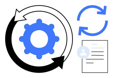 İşlem döngüsünü gösteren oklarla çevrelenmiş dişli, kullanıcı profilli belge ve okları eşzamanla. Çalışma akışı, otomasyon, veri senkronizasyonu, süreç yönetimi, verimlilik, yenilik, basit düz metafor