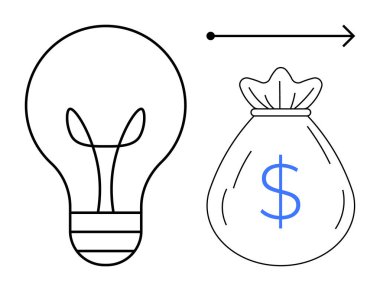 Okla bağlı ampul ve para çantası fikir üretimini, yeniliği, karlılığı, girişimciliği, iş büyümesini, yatırımı ve başarıyı sembolize eder. Basit düz metafor için ideal