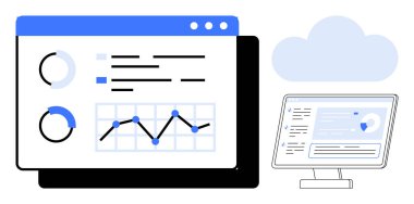 Analitik gösterge paneli ekranlarda bulut elementi olan veri grafikleri, grafikler ve metinleri gösterir. Veri analizi, bulut hesaplaması, teknoloji, iş anlayışı, izleme, dijital büyüme için ideal