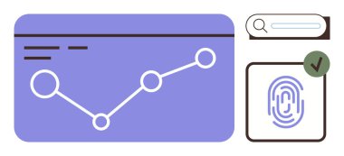 Veri eğilimlerini gösteren grafik çizelgesi, navigasyon için arama çubuğu ve güvenli erişim için onaylanmış parmak izi. Teknoloji, analitik, siber güvenlik, dijital kimlik doğrulama, kullanıcı için ideal