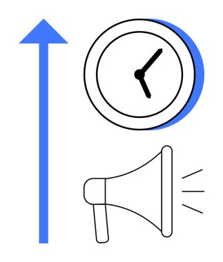 Saat, yukarı doğru ok ve megafon zaman verimliliği, büyüme ve iletişimi temsil eder. Üretkenlik, iş stratejisi, takım yönetimi, pazarlama hedefinin takibi için ideal