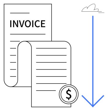 Para ve kalın dosya ile eşleştirilmiş fatura belgesi bir bulutun altında ok indiriyor. Finans, muhasebe, fatura, e-ticaret, bulut hizmetleri, dijital ödeme, kredi için ideal. Temiz düz metafor