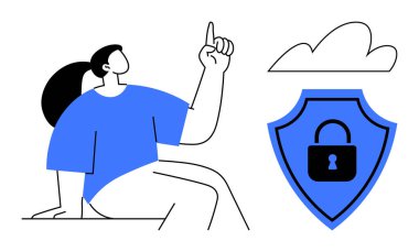 Bulut ve mavi kalkanın yakınındaki kadını işaret ediyor. Kilitli, bulut güvenliğini sembolize ediyor. Teknoloji, gizlilik, veri koruması, siber güvenlik, bulut hizmetleri, çevrimiçi güvenlik, dijital