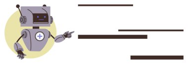 Anteni olan ve görev listesini andıran yatay çizgilere işaret eden sevimli bir robot. Teknoloji, otomasyon, sağlık, öğrenme, takım çalışması, rehberlik, gelecek kavramları için ideal