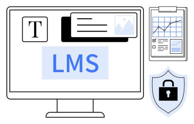 Masaüstü, metin düzenleyicisi, resim özellikleri, çizelgeli pano ve güvenlik kalkanı ile LMS arayüzünü gösteriyor. Eğitim, e-öğrenim, veri güvenliği, analitik, verimliliği izlemek için ideal basit
