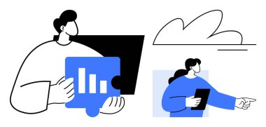 Soyut asgari tarzda iki kişi, takım çalışması, strateji, veri analizi, proje planlaması ve işbirliği konularında çubuk grafiklerle bulmaca parçası verilerini tartışır. İş için ideal