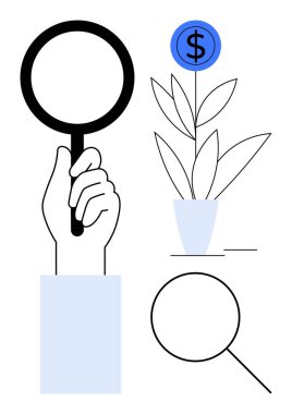 Büyüteç, maddi büyüme, yatırım ve analizi sembolize eden bir dolar işareti ile bitkiye odaklanıyor. İş stratejisi, finans, araştırma, fırsat, başarı planlama konuları için ideal