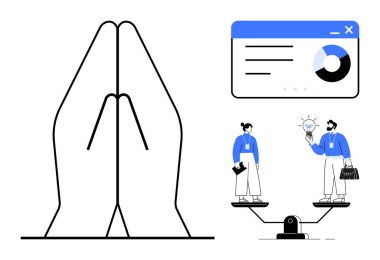 Dua eden eller, veri analizi çizelgesi, terazide dengelenen iki profesyonel. İş için ideal, takım çalışması, eşitlik, uyum, yenilik, karar verme ilhamı basit düz