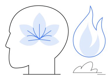 İçinde çiçek olan bir kafanın dış hatları, alevler içinde. Farkındalık, denge, dönüşüm, zihinsel sağlık, ilham, maneviyat duygusal ifade için idealdir. Basit düz metafor