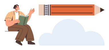 Oturan ve kitap okuyan bir adam, üzerinde yüzen büyük turuncu kalem, altında soyut mavi bulut. Eğitim, yaratıcılık, hayal gücü, yazı, öğrenme inovasyon beyin fırtınası için idealdir. Basit düz