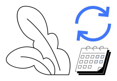 Taslak yapraklar, mavi geri dönüşüm okları ve çevresel bilinci temsil eden bir takvim. Sürdürülebilirlik, eko-yaşam, yeşil uygulamalar, zaman yönetimi, planlama, yenilenebilir kaynaklar için ideal