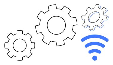Mavi kablosuz sinyalle bağlantılı vitesler teknoloji, otomasyon, yenilik, bağlantı, endüstriyel sistemler, dijital dönüşüm temalarını çağrıştırıyor. Teknoloji, ağ, IOT için ideal