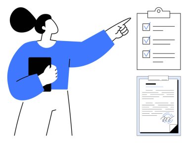 Elinde bir tablet tutan kişi, imzalı bir belgeyle birlikte bir kontrol listesine işaret ediyor. Organizasyon için ideal, üretkenlik, planlama, görev yönetimi, liderlik için hesap verme sorumluluğu. Temiz