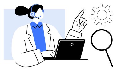 Kulaklık takan, dizüstü bilgisayarda çalışan dişli ve büyüteçli bir kadın. Teknoloji, müşteri hizmetleri, araştırma, iletişim, destek, analiz ekibi çalışması için ideal. Basit düz