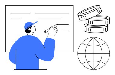 Beyaz tahtaya mavi tonlarda yazı yazan kişi, parayı simgeleyen bozuk paralar, ve bir dünya çizimi. Eğitim, küresel ticaret, finans, planlama, öğrenme, yatırım ekonomisi için idealdir
