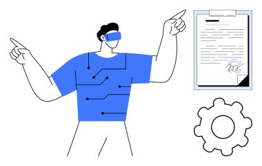 Tişörtünde devre deseni olan VR kulaklık takan bir adam, yanında belge ve dişli ikonu olan bir pano. Yenilik, teknoloji, VR, iş akışı, anlaşmalar, mühendislik gelecek kavramları için idealdir.