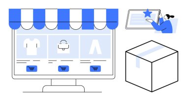 Masaüstü mağazası vitrininde alışveriş arabaları, paketlenmiş bir teslimat kutusu ve reyting bırakan bir kullanıcı. E-ticaret, çevrimiçi alışveriş, müşteri hizmetleri, perakende, nakliye, geri bildirim için ideal